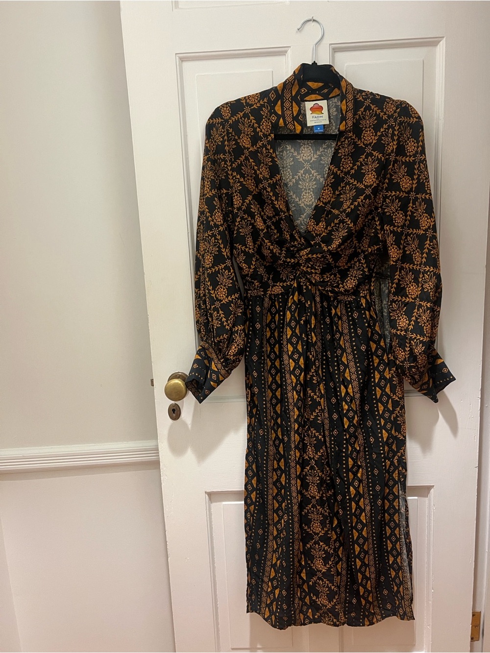 FARM Rio Black and Mustard Floral-Print Wrap Midi Dress